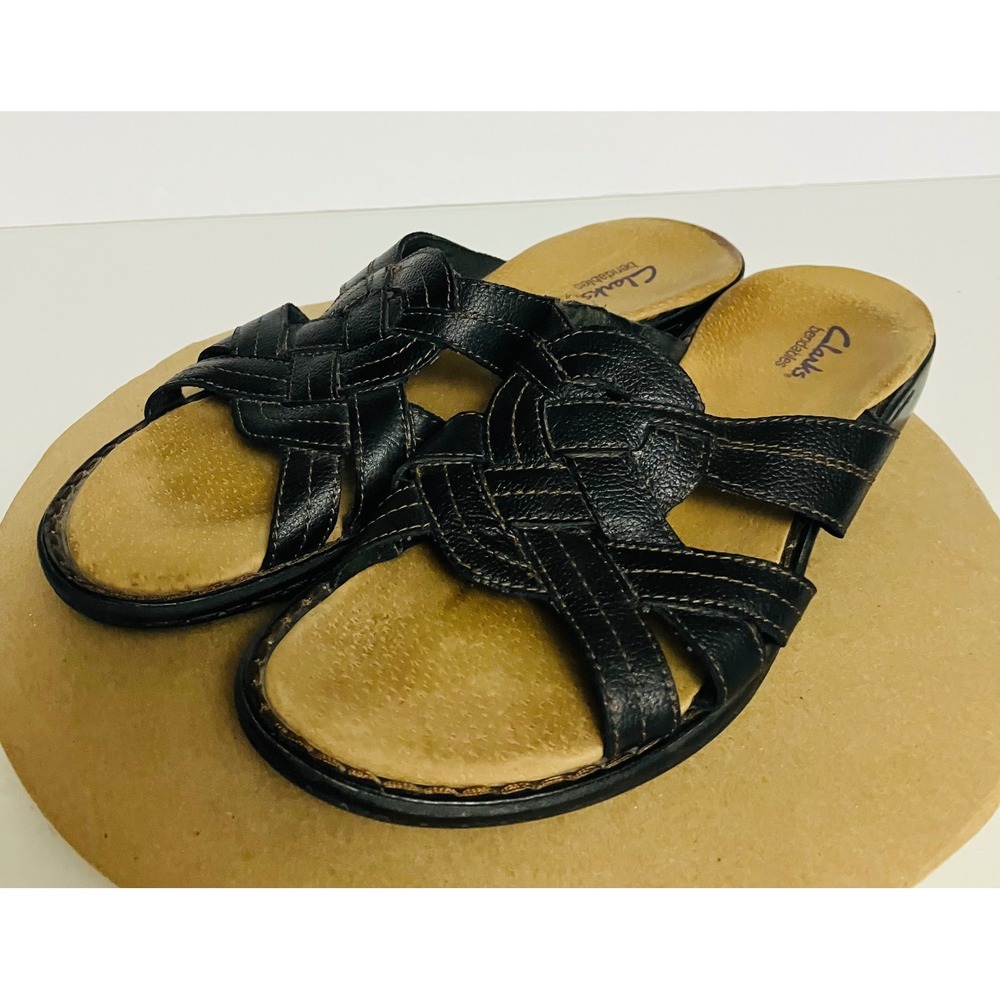Clarks Sandals Womens 9M Black Excellent Bendables Woven Leather Slides 82100